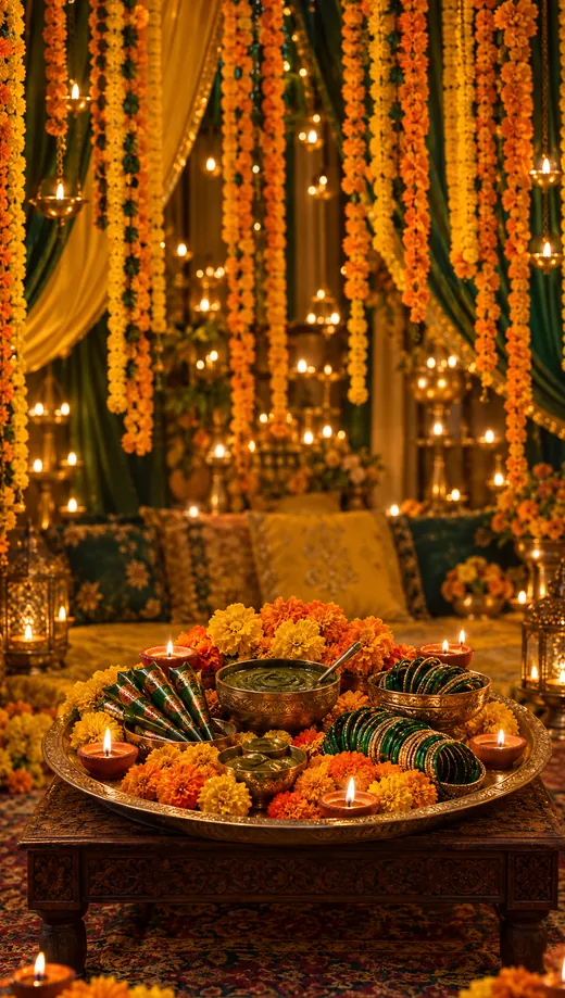 A brass thaal of henna, diyas and marigolds under strings of marigold garlands