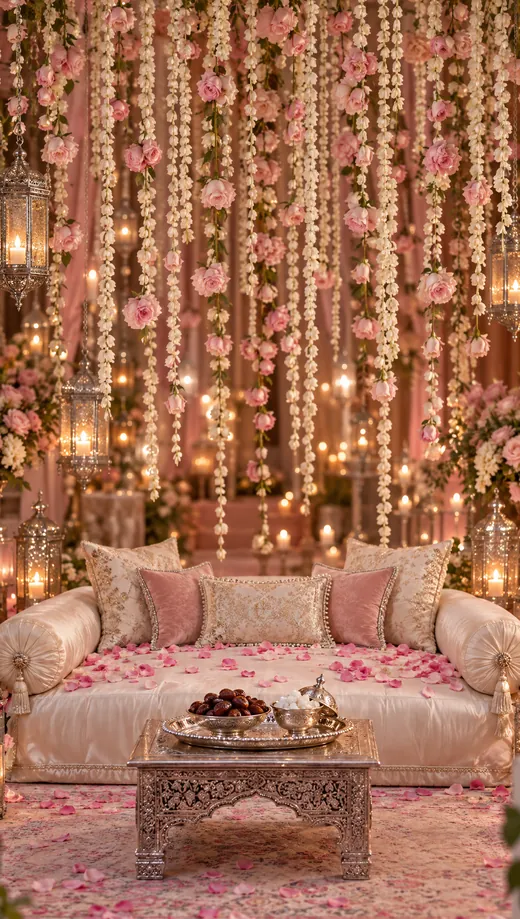 An ivory divan strewn with rose petals, a silver tray of dates, strands of pink roses and jasmine